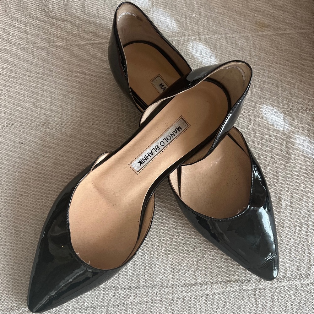 Manolo Blahnik Womens 38 Black Patent Soussa D'orsay Flats sz 7.5